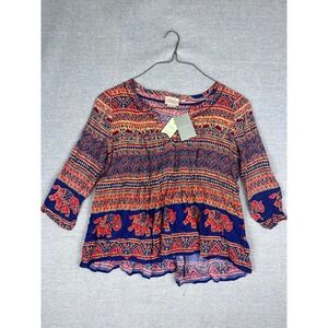 Vanessa Virginia Anthropologie Elephant Print Pleated Blouse Navy Red Sz 4 NEW